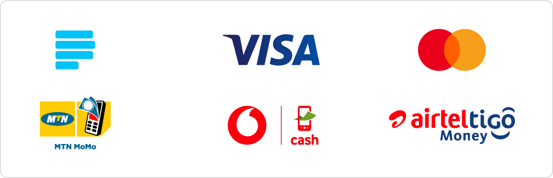 Supported Payment Methods: Paystack, Visa, Mastercard, MTN MoMo, Telecel Cash, AirtelTigo Money